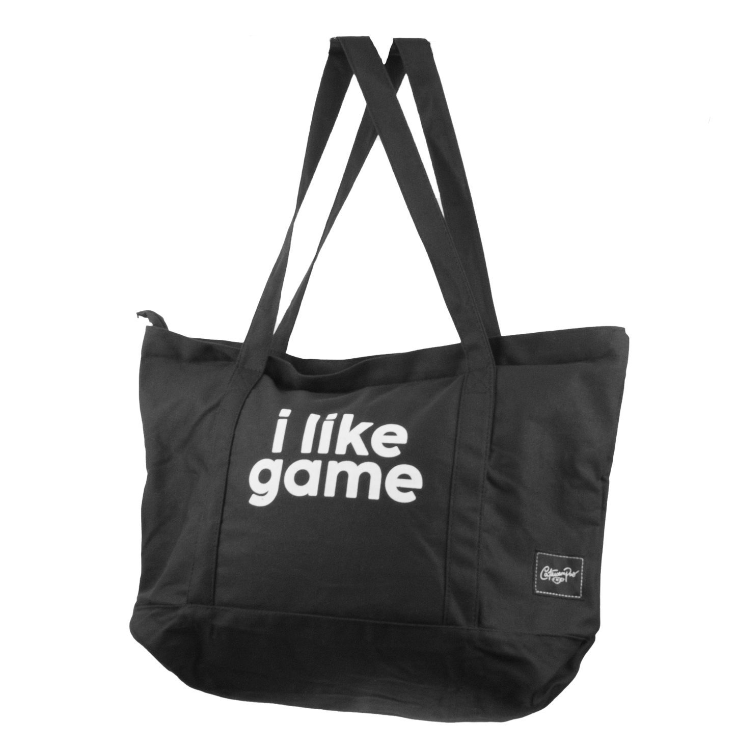A black canvas bag with white text that reads "i like game"