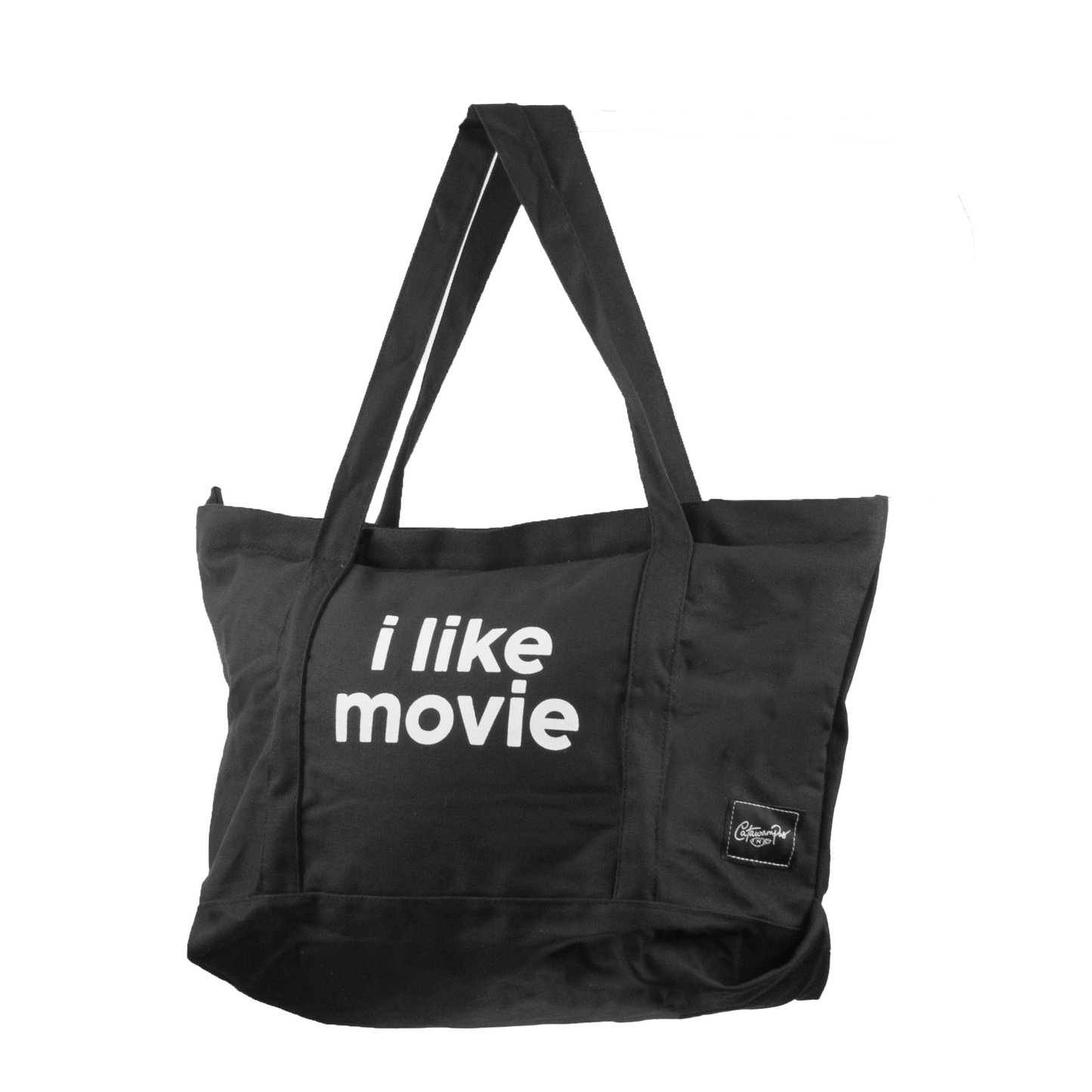 a black canvas bag with white text that reads "i like movie".